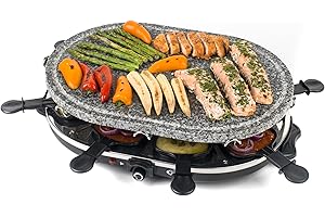 Giles & Posner Electric Stone Raclette Grill - Indoor Tabletop 8 Person Raclette, Removable Stone Grill Hot Plate, Non-Stick Grill Pans, Spatulas Included, Adjustable Temperature Dial, 1200 W