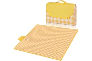 Tesmien Large Picnic Blanket Waterproof,200x200CM Foldable Outdoor Beach Picnic Mat Sand Proof Slip Resistant With Carrying Handle for Family, Beach, Park, Hiking, Camping, Yellow Grid