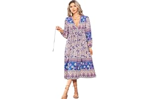 R.Vivimos Women's Casual Bohemian Print Neck Tie Long Sleeve Beach Style Long Midi Dress Vacation Dress
