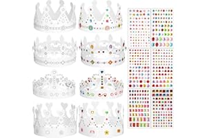 BOOMTOP 8pcs Chapeaux Couronne Galette des Rois Blanche d'Anniversaire Réglable en Papier avec 482pcs Autocollants Sticker Strass Diamant Étoile Carré Rond Cœur Décoration DIY pour Fête Epiphanie Célébration