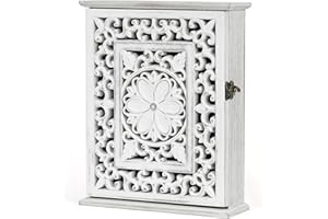 Optyuwah Drewniana Skrzynka na Klucze z Europejskimi Wycięciami - Szafka z 6 Hakami, Biała, Styl Vintage