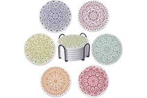 STARUBY Drink Coasters Set of 6 Ceramic Coaster Beautiful Absorbent Coaster Drink Mat with Cork Base Flower3 Patterns Round Coaster Non Slip for Coffee,Beer,Mug,Wine Glass Bottle,Home and Bar