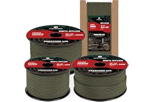 Kamu Synber 425 Paracord 3mm x 15m Corda Nylon 100% Tipo II 3 Fili Corda Paracadute Resistente per Sopravvivenza, Esterno, Fatto a Mano | Supporto 192kg | Verde Militare