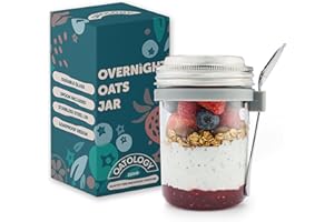 OATOLOGY Glass Overnight Oats Jar Glass Cereal Container with Lid | Overnight Oats Container Breakfast Pots Mason Jars Containers with Spoon Over Night Chia Pudding Granola Yoghurt Pot Lids | 1 pack