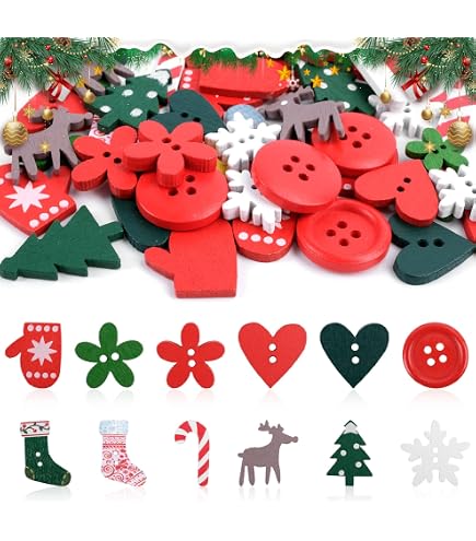 ROSENICE Bottoni In Legno Misti Colorati - Forme Di Cuori, Rotondi, Fiocchi Di Neve - Per Scrapbooking, Cucito, Fai Da Te, Natale (Rosso E Verde) - 2