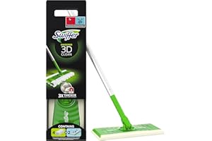 Swiffer 3D Scopa e Lavapavimenti, 1 Manico, 4 Panni Cattura Polvere e 2 Panni Lavapavimenti, Cattura Polvere e Sporco, Ottimo per Tutti i Tipi di Pavimenti e per i Peli di Animali