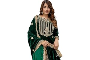 TRENDMALLS Damen Samt Stickerei Salwar Anzug Set Kurta Hose mit Dupatta Green Kurta Set für Frauen