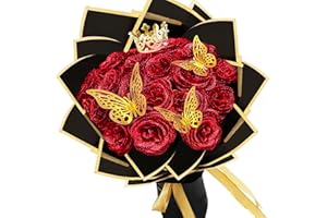 LARDUX 24 Pcs Glitter Roses Bouquet, Valentine's Day Artificial Rose Flowers Bouquet, DIY Fake Glitter Red Bouquets with Crown for Gifts, Weddings, Anniversaries, Engagements, Birthdays, Mother's Day