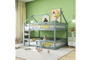 MYBOO Etagenbett 140x200, Kinderbett Hochbett für 4 Kinder, Hausbett mit Treppe und Tür, Kinderhochbett mit Rausfallschutz und Lattenrost, Bettgestell Stockbett Familienbett Loft Bett, Massivholz, Grau