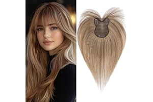 Benehair Echthaar Hair Topper für Frauen, 100% Echtes Haar Clip in Topper, 21g Echthaar Topper mit Bange, Menschliches Haar Topper Spitze Basis, Dunkelbraune mix Dunkelblond Toppers für Dünnem