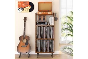 ikkle Record Player Stand, 4-Tier Vinyl Record Storage Cabinet Holds up to 300+ Albums，Record Player Table with Metal Legs & Hollow Design, Turntable Stand with Record Storage for Living Room Bedroom