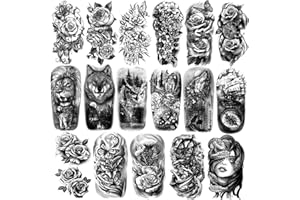 METUU 77 feuilles de tatouages ​​temporaires pour hommes et femmes, demi-bras lion loup hibou serpent rose, faux autocollants de tatouage imperméables réalistes pour adultes