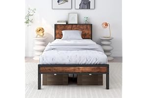 DUMEE Single Bed Frames with Wooden Storage Headboard Shelf, Heavy Duty Metal Bed Frame Single, No Box Spring Needed, Noise Free, Reinforced Strong Support Leg, Textured Black&Brown Oak