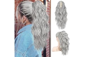 ‎FLUFYMOOZ FLUFYMOOZ Ponytail Extension Pferdeschwanzverlängerung, 46 cm Klauenclip Pferdeschwanzverlängerung, gewellte lockige Klauenclip in Pferdeschwanz Haarverlängerungen (Grau/Silber/Weiß gemischt)