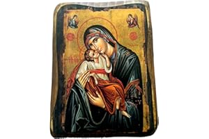 ICONSGR Icône en bois fait main, Chrétienne orthodoxe grecque, representant Jésus Christ et la Vierge Marie / a0