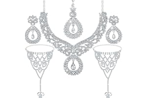 Sureio Indian Jewelry Sets for Women Bollywood Wedding Jewelry Necklace Set Choker Necklace with Maang Tikka Earrings Set Rhinestone Bridal Bracelet for Wedding Prom Party