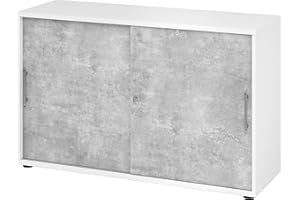 ‎BÜMÖ bümö Schiebetürenschrank 2OH - Aktenschrank abschließbar, Sideboard Schrank mit Schiebetüren in Weiß/Beton - Büroschrank aus Holz mit Schiebetür, Büro Kommode für Ordner & Co.