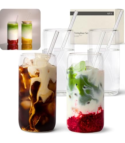 MANMAOHE Set Di 2 Bicchieri In Vetro A Forma Di Onda Con Coperchio E Cannuccia – 500 Ml, Vintage A Coste, Per Succhi, Caffè, Birra E Cocktail