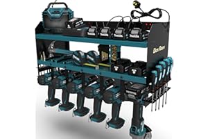 Toolganize Power Tool Organiser, Storage Rack with Power Strip Charging Station, Compatible with Makita, Heavy-Duty for Workshop & Garage Tools - 6 Slot, Makita Blue.