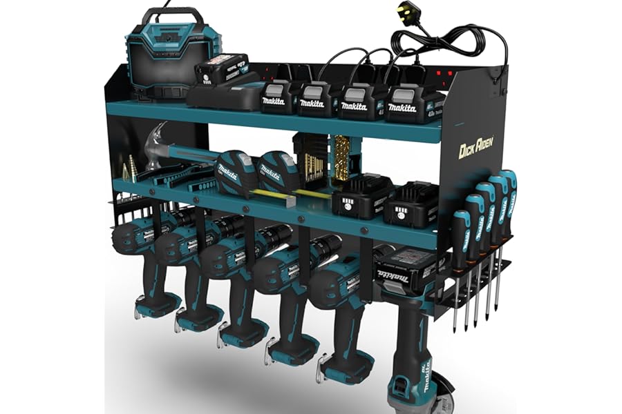Toolganize Power Tool Organiser, Storage Rack with Power Strip Charging Station, Compatible with Makita, Heavy-Duty for Workshop & Garage Tools - 6 Slot, Makita Blue.