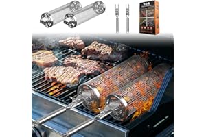 LONGZHUO 2PCS Rolling Grill Baskets with Removable Wooden Handle, 304 Stainless Steel BBQ Accessories, Nesting Grilling Net for Vegetables Shrimp Meat, Outdoor Cooking Camping Gifts for Men Dad Husband