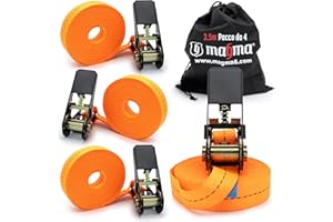 MAGMA 4 Cinghie con Cricchetto 3,5m | Cinghia Fissaggio Portapacchi e Rimorchi | Cinghie di Carico Regolabili per Kayak, Tavola da Surf, Canoa, Bici, Moto | Carico di Rottura: 1600kgf/pz | Arancione