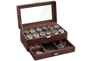 ProCase Estuche para Relojes, Caja Organizadora de 12 Ranuras y 2 Niveles con Tapa de Cristal, Cuero sintético premium, Almohadillas y Forro de Terciopelo, Porta Relojes para Hombre – Marrón