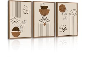 Set med 3 inramade väggdukar i bohemsisk stil med muslimska geometriska linjer, islamisk kalligrafi, nordisk minimalistisk, b