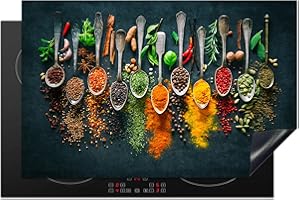 KitchenYeah© Herdabdeckplatte Einteilig Küche Herdabdeckung Ceranfeld Herdabdeckplatten Anti Rutsch Matte Aufrollbar Kräuter - Gewürze - Löffel - Pfeffer - 80x52 cm
