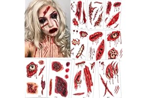 AEYAKA Halloween Tatuajes Temporales Tatuaje de Cicatriz de Halloween, Tatuaje de Herida Falsa Pegatinas Realista Heridas Tatuaje Cicatriz de Zombi Sangriento para Cosplay Fiesta 10 Hojas
