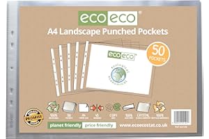 eco-eco A4 100% Recycled Landscape Multi Punched Pockets Glass Clear, Transparent Poly Wallet Sheet Protector, 45 Microns (Pack of 50), eco145