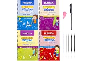 Larcenciel Cuaderno Reutilizable Caligrafia Español para Niños, 4 Libros Magicos Caligrafia + 1 Bolígrafo + 5 Recambio, Cuaderno Caligrafia para Aprender a Escribir Leer de Niños 3-8 Años (13×19cm)