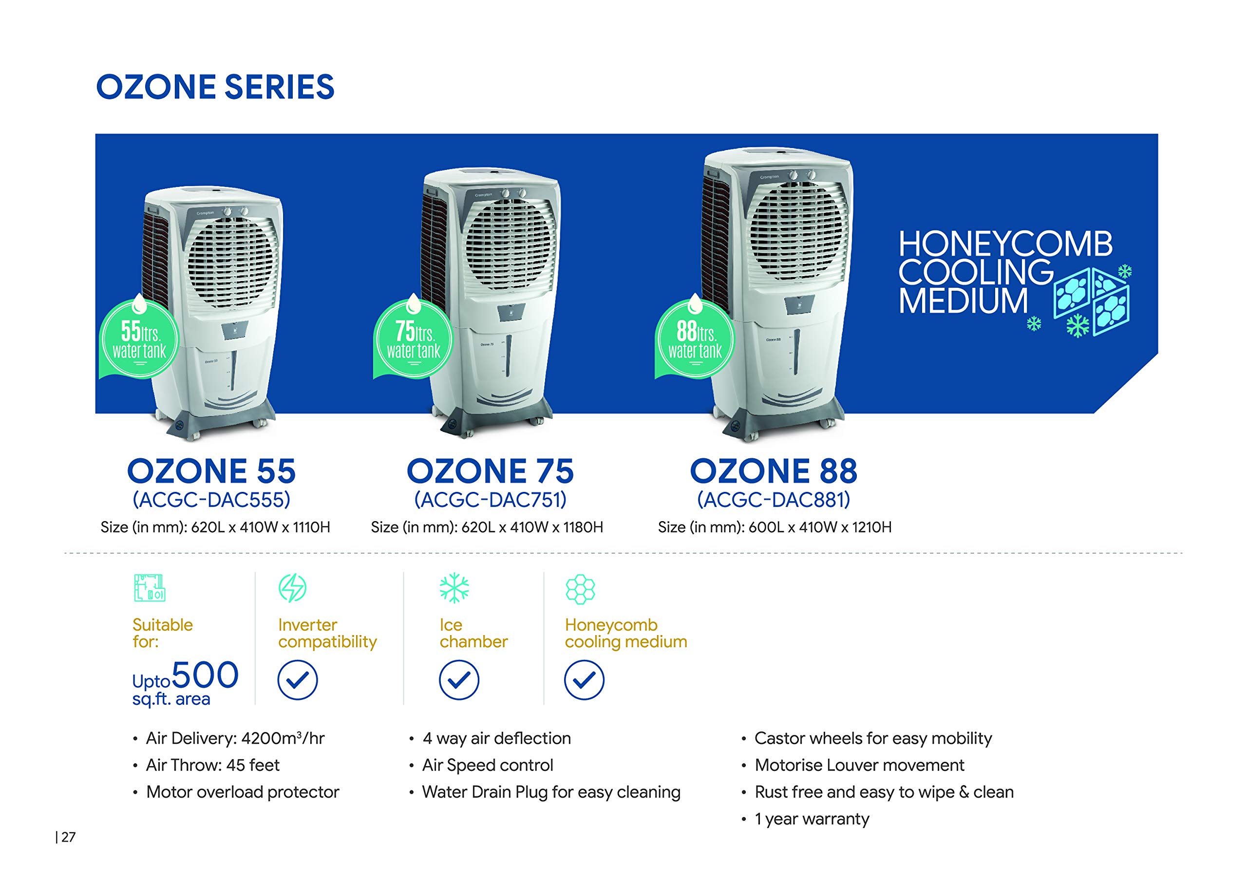 Crompton Ozone 75 Litres Desert Air Cooler for home | Large & Easy Clean Ice Chamber | 4-Way Air Deflection | High Density Honeycomb Pads | Everlast Pump | Auto Fill - Image 8