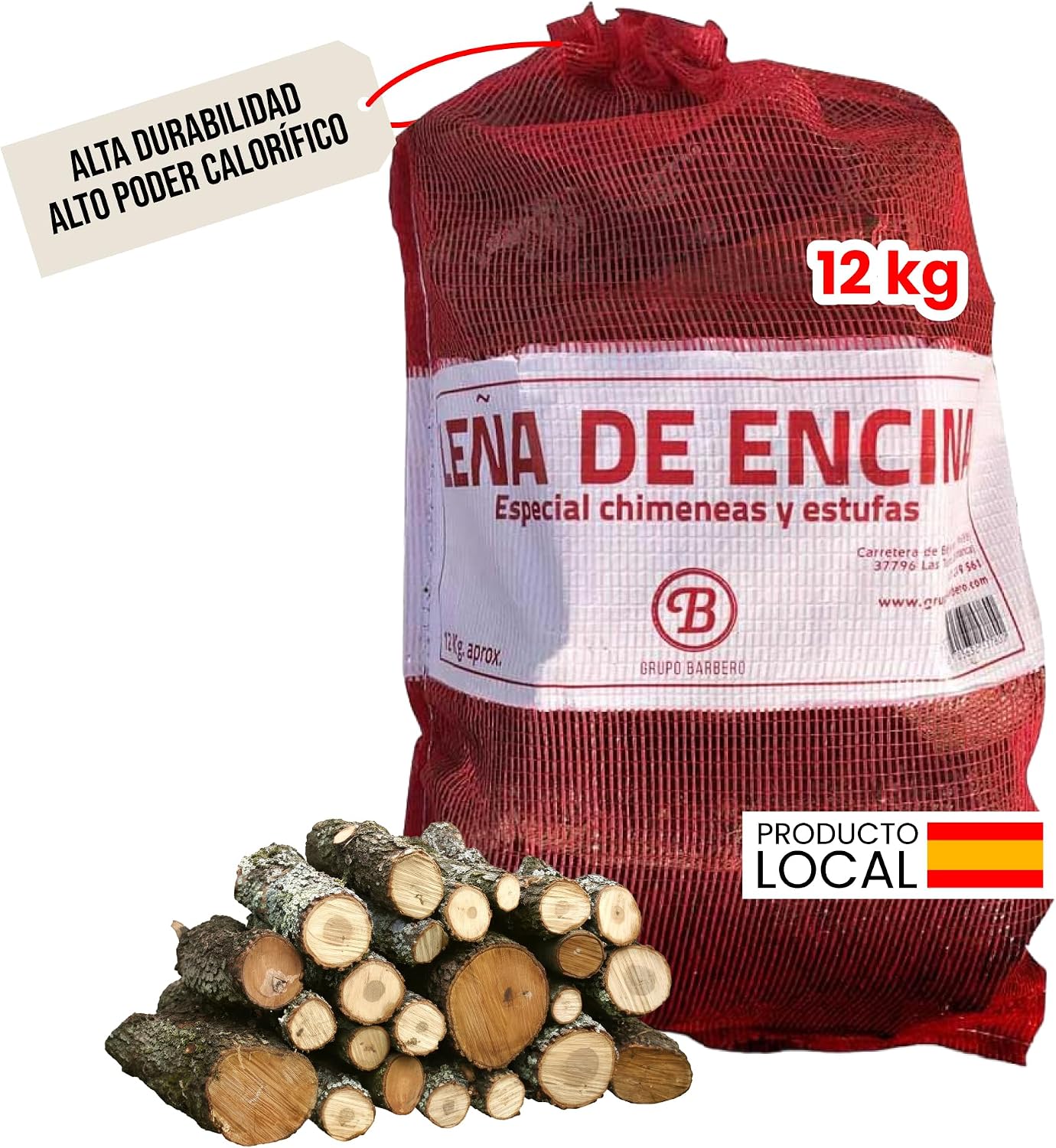 Leña Encina Saco 12kg Madera Dura Secada Horno Alto Rendimiento Calor Intenso Llama Duradera Ideal Chimenea Estufa Barbacoa Interior Exterior Combustión Lenta Baja Humedad Ecológica Limpia