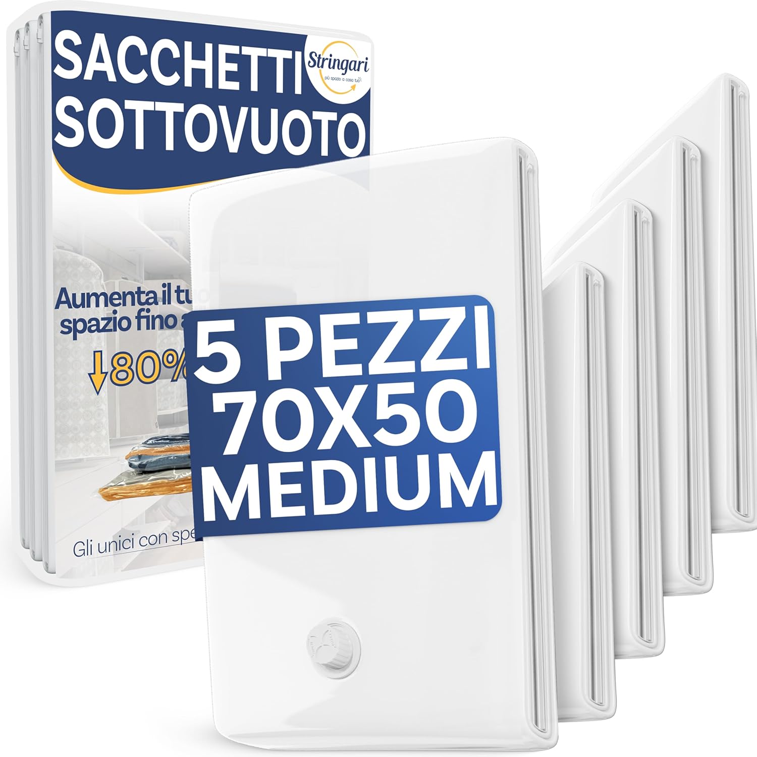 Stringari 5 Sacchi M 70x50 cm - Sacchetti Sottovuoto Vestiti con Spessore 90 Micron - Buste di Qualità Superiore per Piumoni - Sacchi Salvaspazio per Armadi e Cambio Stagione