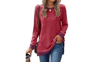 Famulily Ladies Longline Tops Color Block Jumper Sweatshirt Round Neck Long Sleeved Cotton T Shirts with Pockets