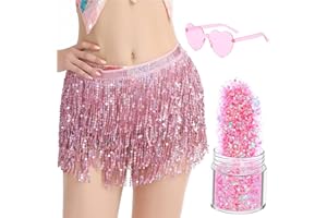 Vyqrx 3-Piece Sequin Skirt Set for Women, Glittery Tassel Skirt, Heart Glasses & Body Glitter