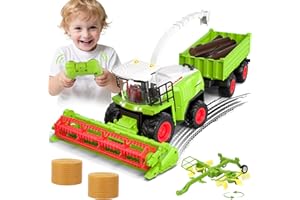 Orvyna Moissonneuse Batteuse Telecommande avec Remorque et Faneuse, RC Tracteur Jouet Telecommandé Enfant, Cool Lumière et Réaliste Son, Jouet Ferme Cadeau pour Enfants à Partir de 3,4,5,6 Ans
