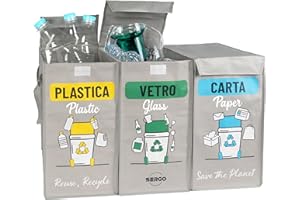 SERGO Borse Raccolta Differenziata con Coperchio - Contenitori Differenziata Interno e Esterno per Plastica, Carta e Vetro - Pattumiera differenziata 3 scomparti color Grigio chiaro