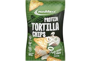 IronMaxx Protein Tortilla Chips – Sour Cream & Onion Bolsa de 60 g | Snack crujiente alto en proteínas de soja y yuca | Rico en fibra y sin gluten | Ideal para una dieta consciente y para llevar