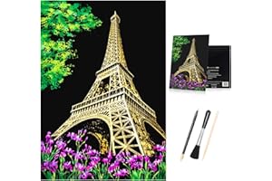 H HOMEWINS Kratzbilder 405 x 285 MM Weltberühmte Sehenswürdigkeiten Wandbild DIY Kunst Zeichnung City Night View Schwarz Beschichtet Bunte Kratzpapier mit Werkzeug Set (Eiffelturm)