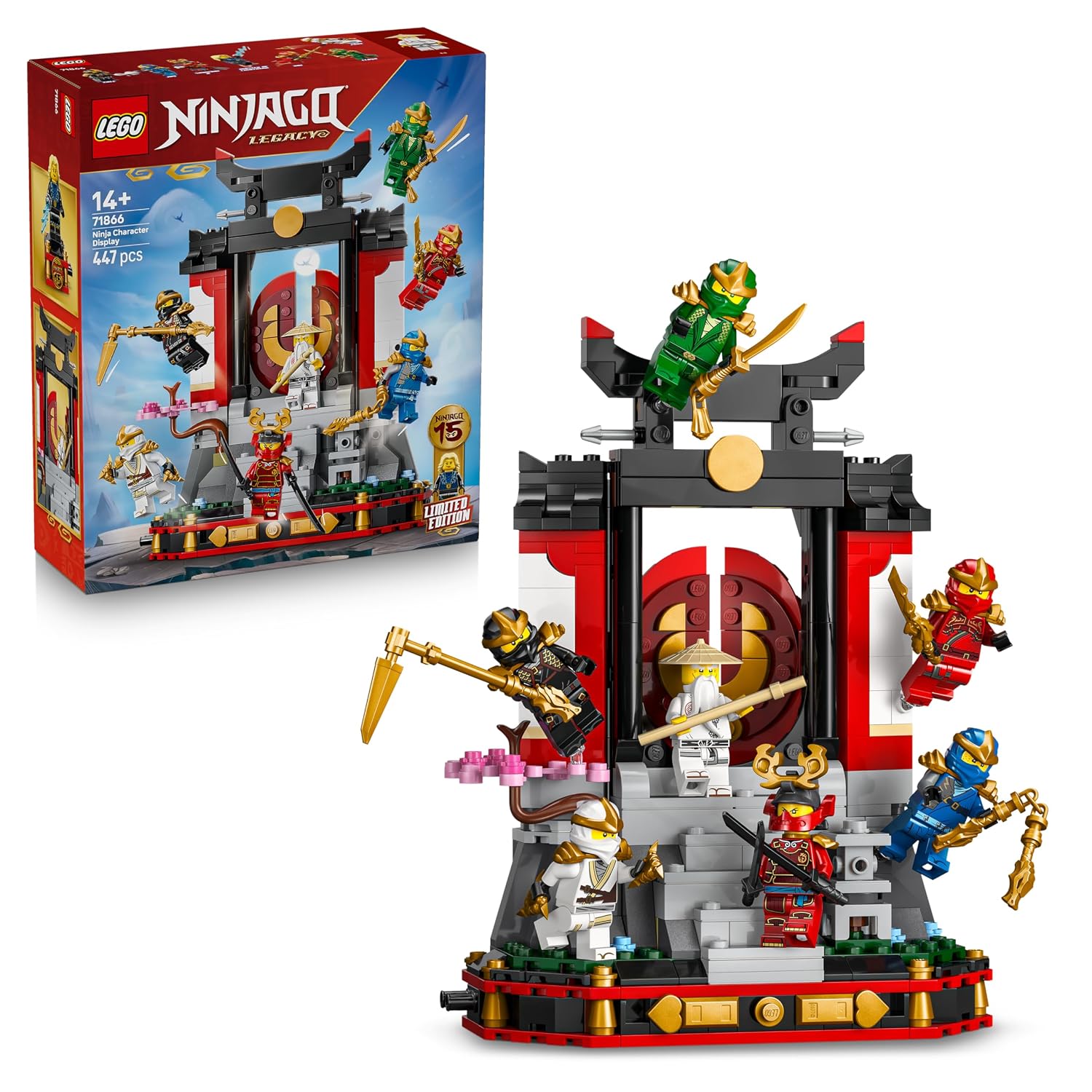 LEGO NINJAGO 15-Jarig Jubileum: Display met Ninjapersonages – Ninja Speelgoed voor Kinderen met Kloosterpoort, 8 Minifiguren en Zwaarden – Cadeau voor Jongens vanaf 14 Jaar en Volwassenen – 71866