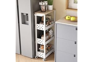 UMDONX Metal Kitchen Trolley Vegetable Storage Rack Narrow 4 Tier, Slim Cart on Lockable Wheels Spice Organiser Basket Shelving Unit Pantry Wire Shelf, (Heavy-duty White Load 80KG)