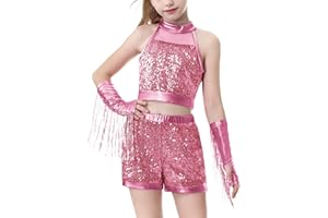 LOLANTA Girls Sequin Dance Outfit, Hip Hop Jazz Costume with Crop Top, Metallic Shorts with Tassel Sleeves 5-13 Years, Recital Stage Performance Costume