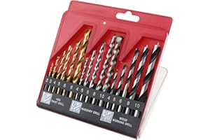 Hi-Spec Juego de Brocas de 16 Piezas en Estuche Compacto de Acero Multiuso. HSS con Revestimiento de Titanio, Brocas de Punto de Centrado para Hormigón, Metal, Madera, Plásticos y Ladrillos