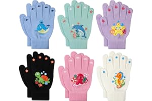 TAGVO Guanti in Maglia Invernali per Bambini, 6 Paia Guanti Magici da Corsa Ciclismo Sci in Caldi Elastico e Confortevole con Motivi Oceanici Cartoon, Guanti per 5-10 Anni Ragazzi e Ragazze