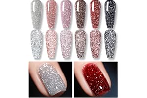 Born Pretty Smalto Semipermanente Unghie Scuro Glitter, Glitterato Smalti Semipermanenti per Unghie Riflettente Argento Rosso Colore Naturale UV LED Gel Unghie Kit Manicure Smalti per Unghie 7ml