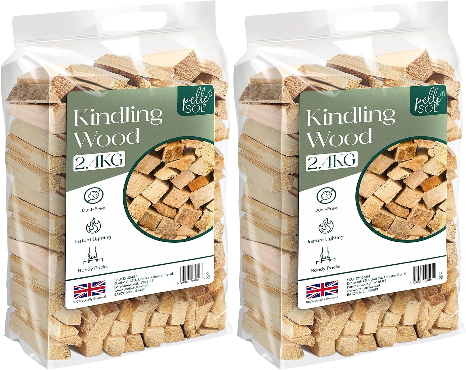 Pelle & Sol Kindling Wood 2 Pack x 2.4 Kg (4.8 Kg Total) – Kiln-Dried Fire Wood, Smokeless Fire Logs, Long-Burning Heat Logs for Wood Burner, BBQ & Pizza Oven
