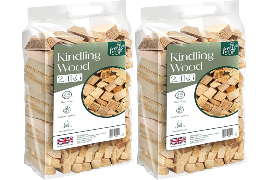 Pelle & Sol Kindling Wood 2 Pack x 2.4 Kg (4.8 Kg Total) – Kiln-Dried Fire Wood, Smokeless Fire Logs, Long-Burning Heat Logs for Wood Burner, BBQ & Pizza Oven