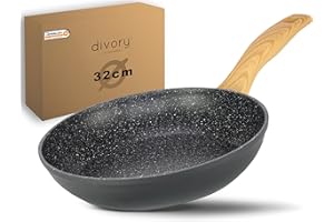 DIVORY Bratpfanne 32cm Induktion – Antihaft Beschichtete große Universalpfanne für alle Herdarten - Sichere Griffe, Spülmaschinen geeignet (Helles Holz, 32cm)